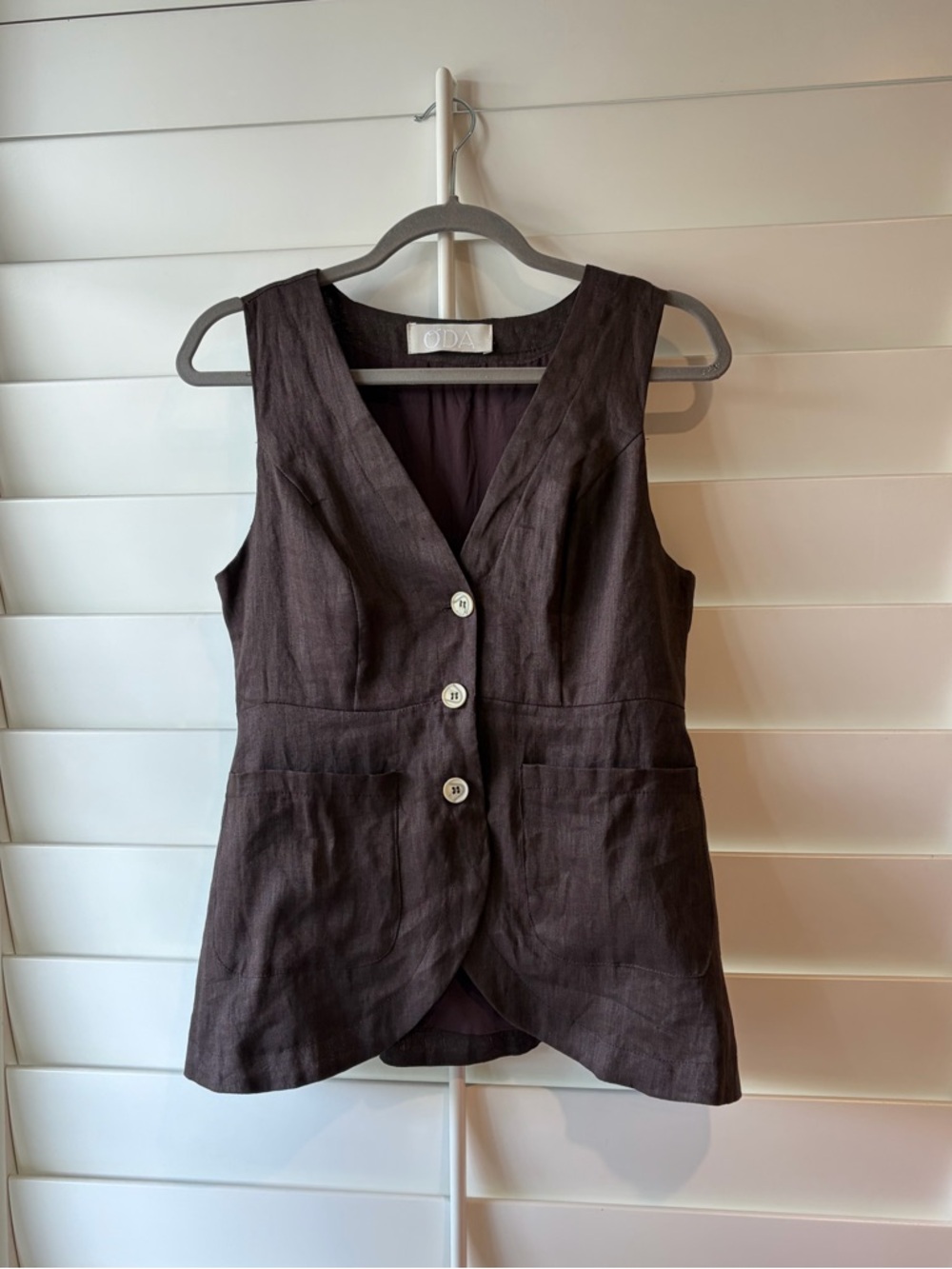 ODA PROYECTO RUFINA Chocolate Brown Longline Vest Waistcoat Top Linen Blouse M